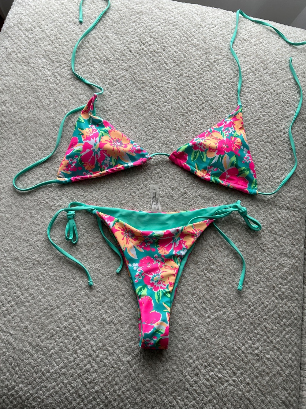 Tropical Floral Triangle String Bikini - Turquoise & Pink